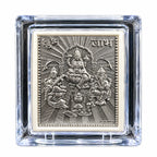 Marvel Silver Ganesh Lakshmi Silver Religious Frame Featuring Detailed Lord Ganesha and Goddess Lakshmi Engraving in Transparent Tabletop Display Case with Stand