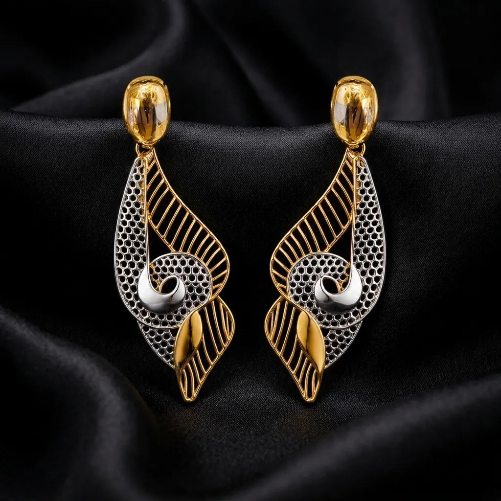 9K Gold Two-Tone Leaf Designer Drop Earrings for Girls