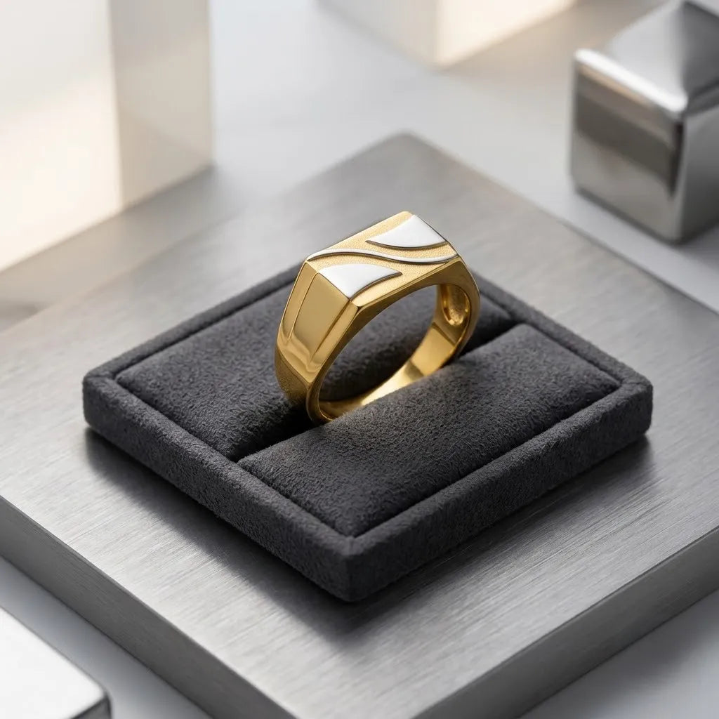 9K Gold Two-Tone Wave Signet Ring