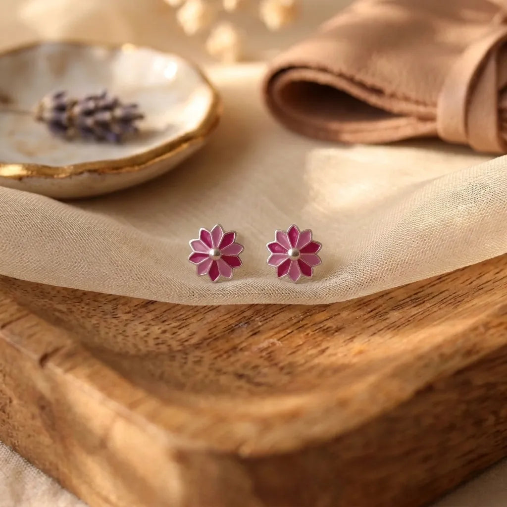 Pink Floral Enamel Stud Earrings