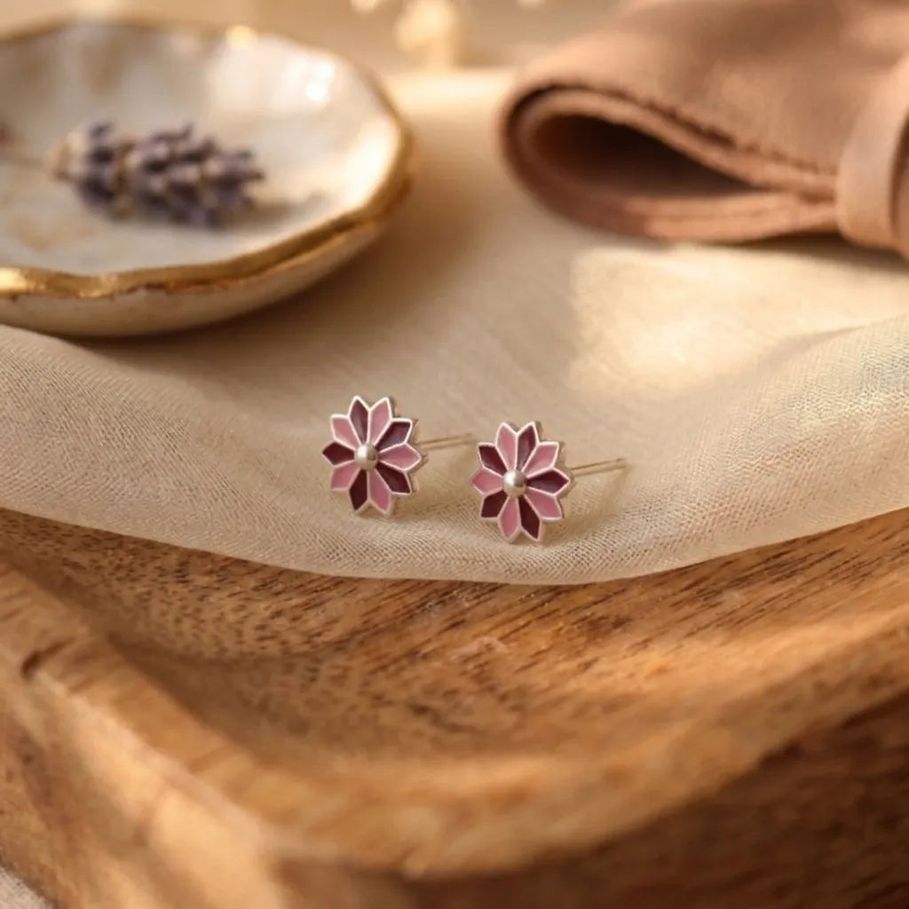 Pink Floral Enamel Stud Earrings