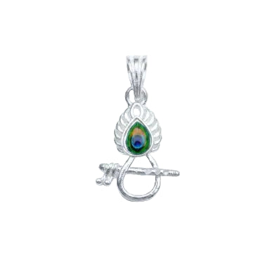 Marvel Silver Krishna Bansuri Mor Pankh silver pendant with colourful peacock feather design, chain not included