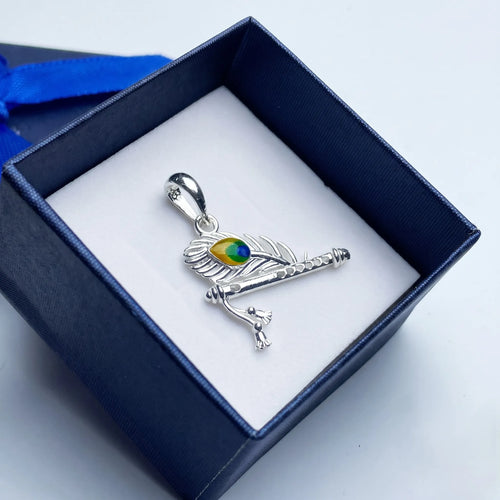 Marvel Silver Krishna Bansuri Mor Pankh silver pendant with colourful peacock feather detailing, chain not included