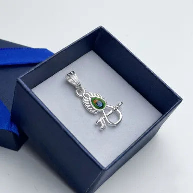 Marvel Silver Krishna Bansuri Mor Pankh silver pendant with colourful peacock feather design, chain not included