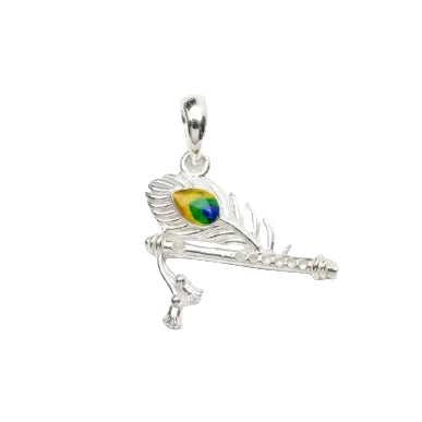 Marvel Silver Krishna Bansuri Mor Pankh silver pendant with colourful peacock feather detailing, chain not included