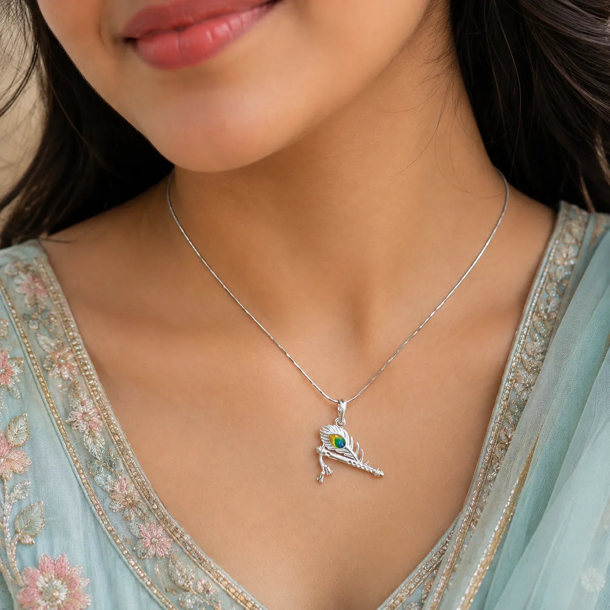 Marvel Silver Krishna Bansuri Mor Pankh silver pendant with colourful peacock feather detailing, chain not included