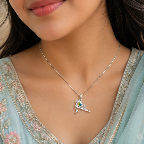 Marvel Silver Krishna Bansuri Mor Pankh silver pendant with colourful peacock feather detailing, chain not included