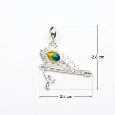 Marvel Silver Krishna Bansuri Mor Pankh silver pendant with colourful peacock feather detailing, chain not included