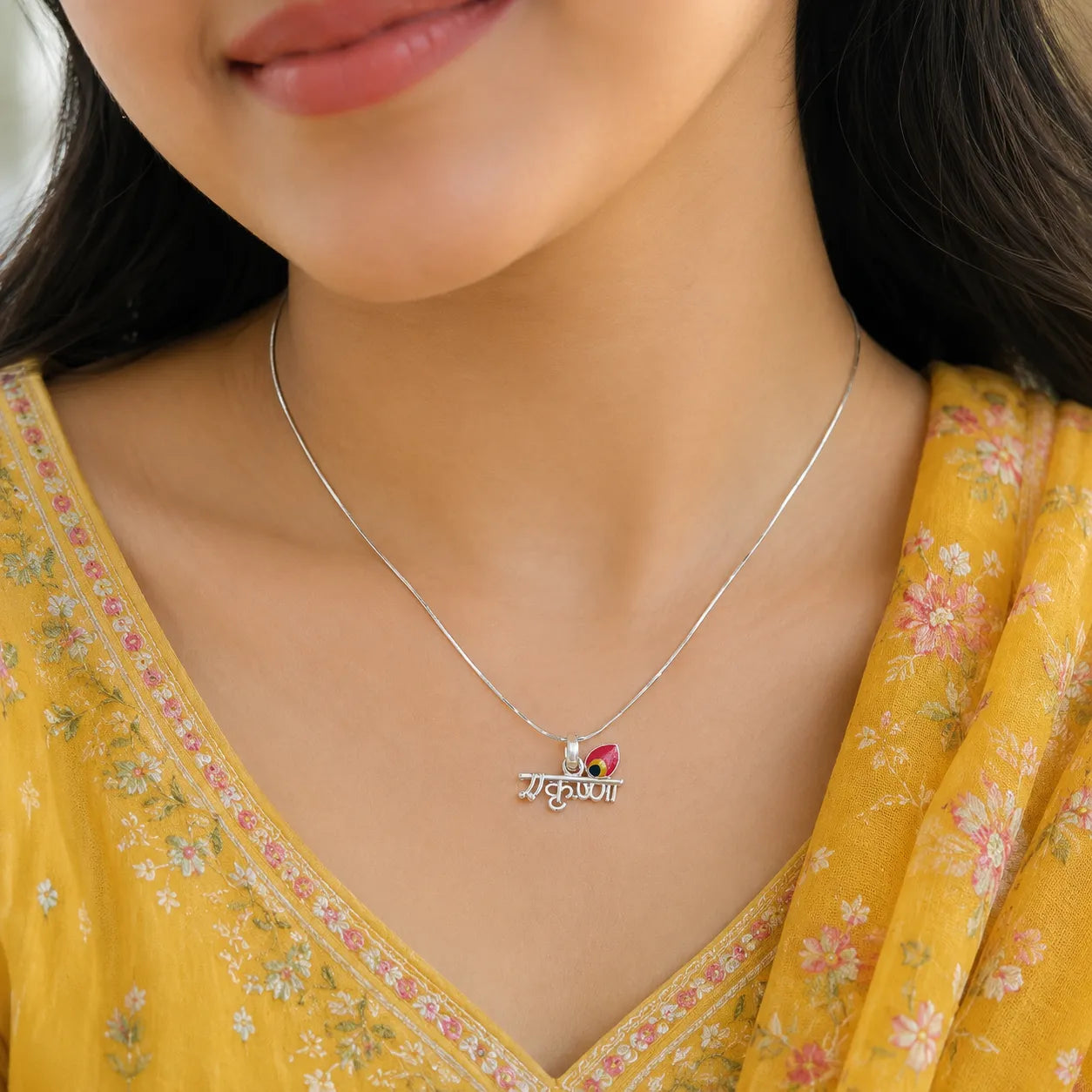 Marvel Silver Shree Krishna Mor Pankh silver pendant with colourful peacock feather detailing, chain not included