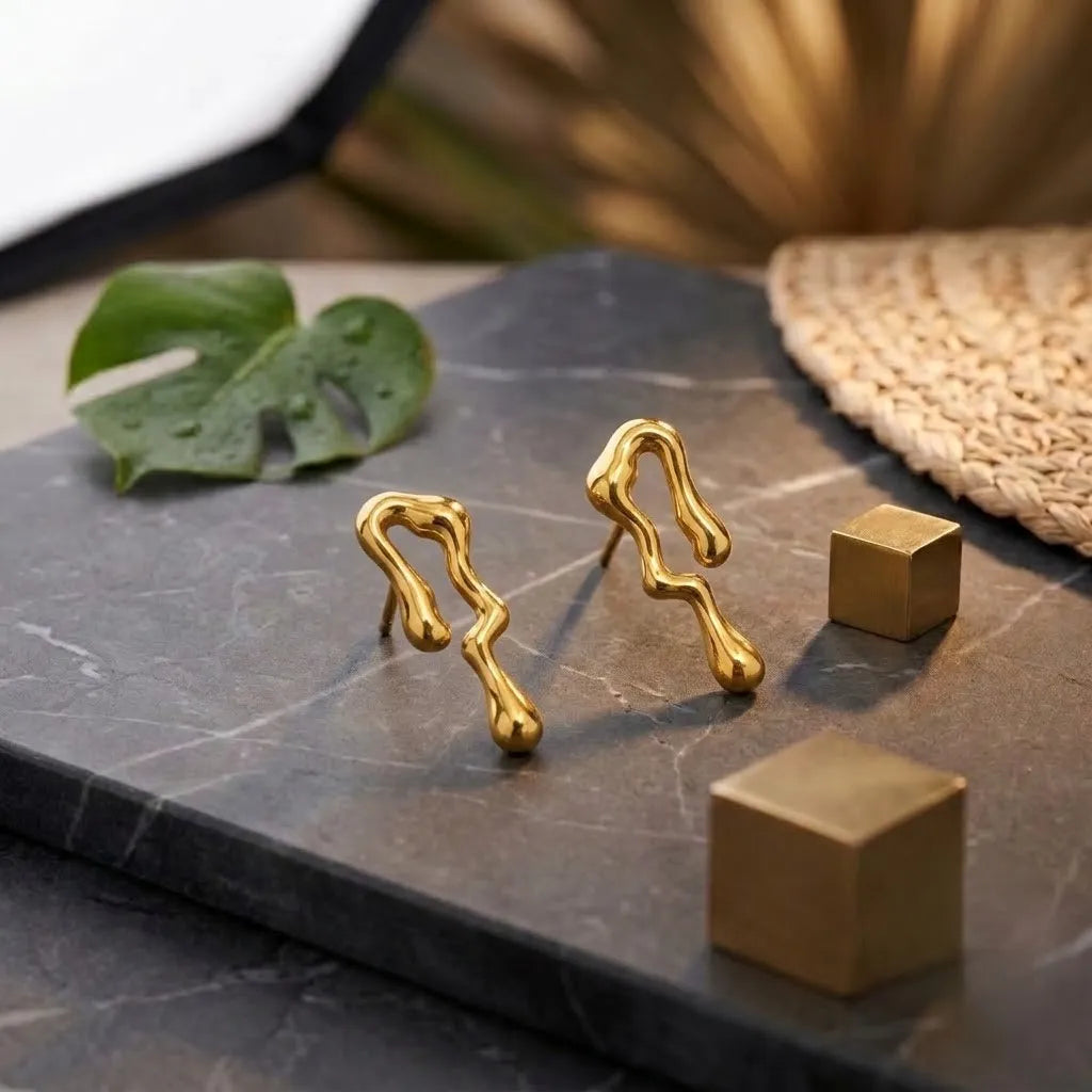 Marvel Silver 9K Gold abstract drop stud earrings for girls featuring a modern freeform minimalist design for everyday and party wear.