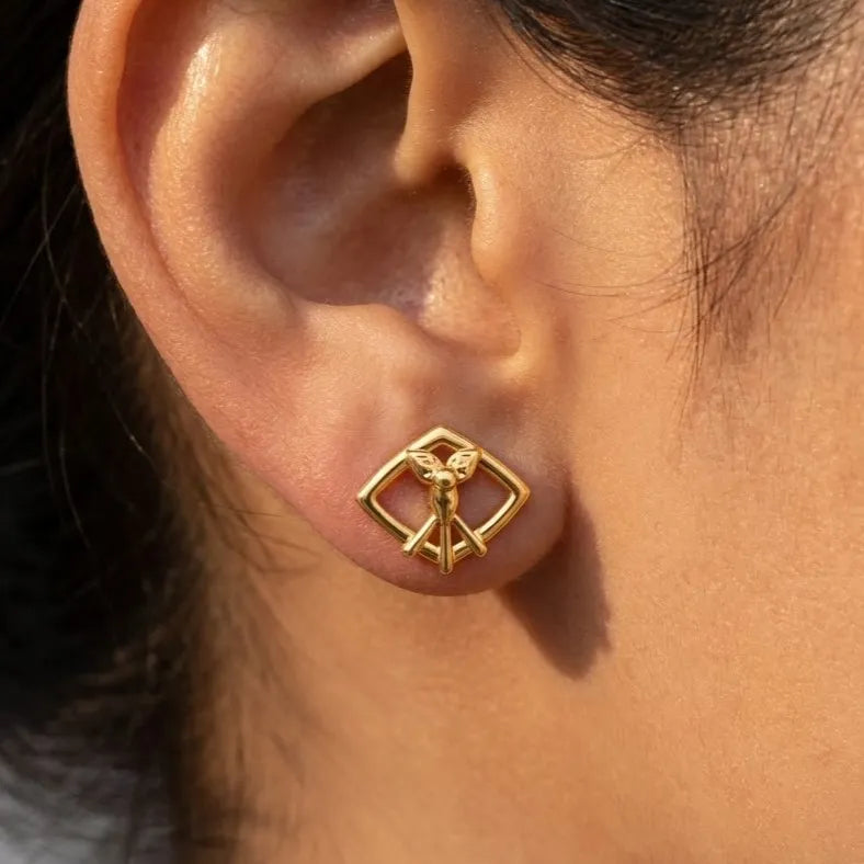 Marvel Silver 9K Gold angel geometric stud earrings for girls featuring an elegant angel motif inside a modern geometric frame.