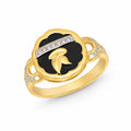 9K gold black floral crystal ring for girls with white stone detailing and polished gold leaf design by Marvel Silver.