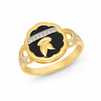 9K gold black floral crystal ring for girls with white stone detailing and polished gold leaf design by Marvel Silver.