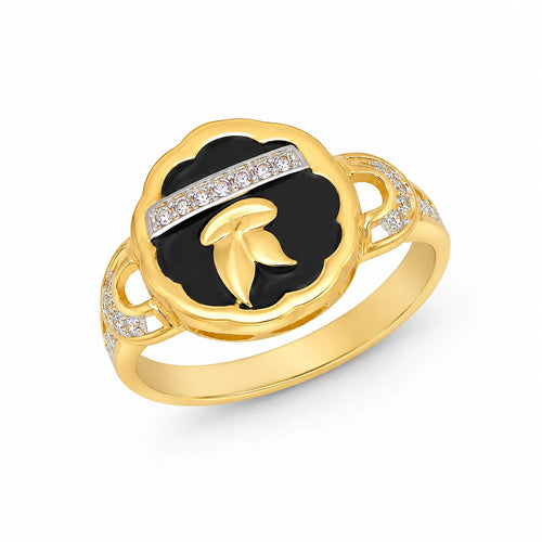 9K gold black floral crystal ring for girls with white stone detailing and polished gold leaf design by Marvel Silver.