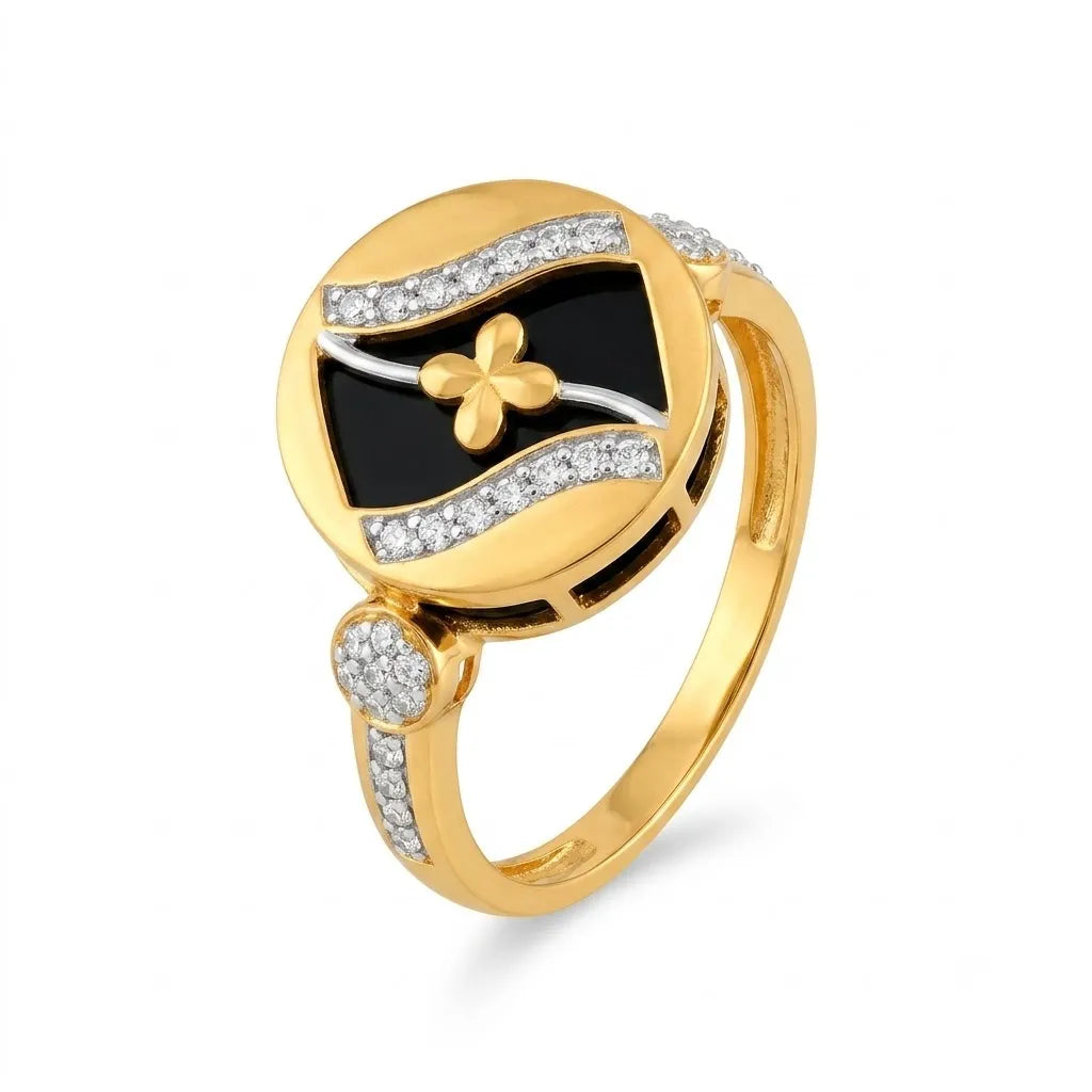 9K gold black floral crystal ring for girls with black enamel-style round top, white stone detailing and polished gold finish by Marvel Silver.