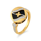 9K gold black floral crystal ring for girls with black enamel-style round top, white stone detailing and polished gold finish by Marvel Silver.