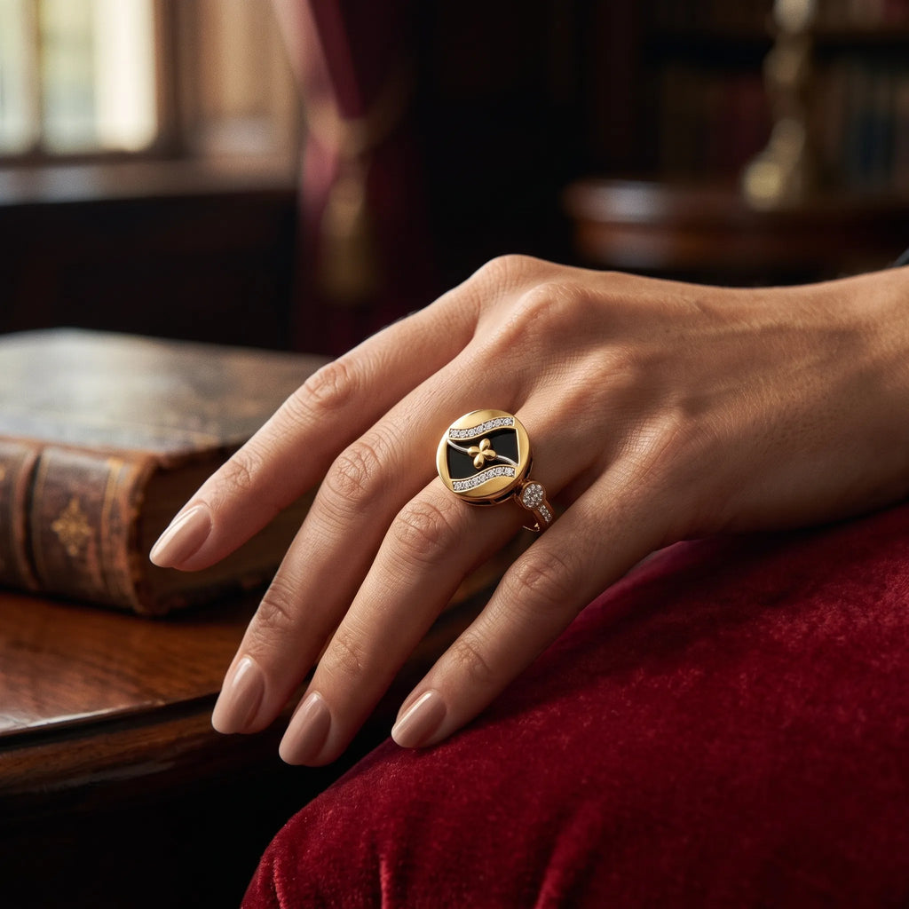 9K gold black floral crystal ring for girls with black enamel-style round top, white stone detailing and polished gold finish by Marvel Silver.
