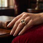 9K gold black floral crystal ring for girls with black enamel-style round top, white stone detailing and polished gold finish by Marvel Silver.