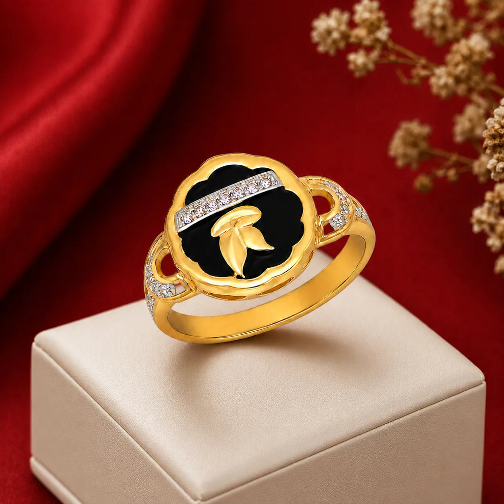 9K gold black floral crystal ring for girls with white stone detailing and polished gold leaf design by Marvel Silver.