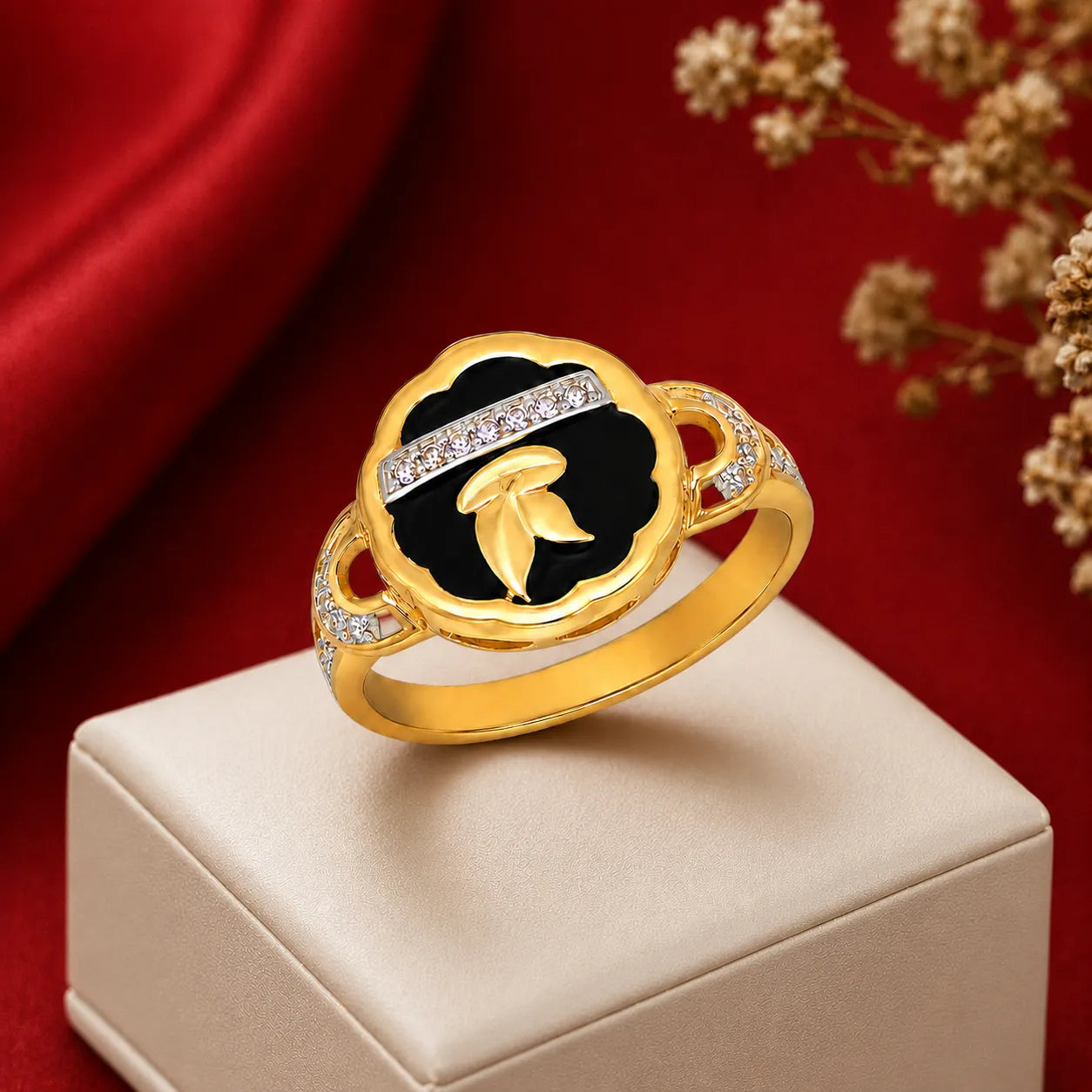 9K gold black floral crystal ring for girls with white stone detailing and polished gold leaf design by Marvel Silver.