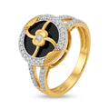 9K gold black floral crystal ring for girls with gold flower motif, white stone border and polished gold finish by Marvel Silver.