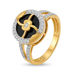 9K gold black floral crystal ring for girls with gold flower motif, white stone border and polished gold finish by Marvel Silver.