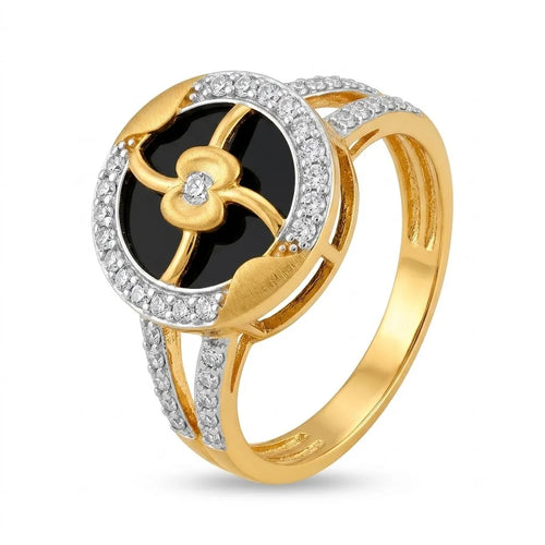 9K gold black floral crystal ring for girls with gold flower motif, white stone border and polished gold finish by Marvel Silver.