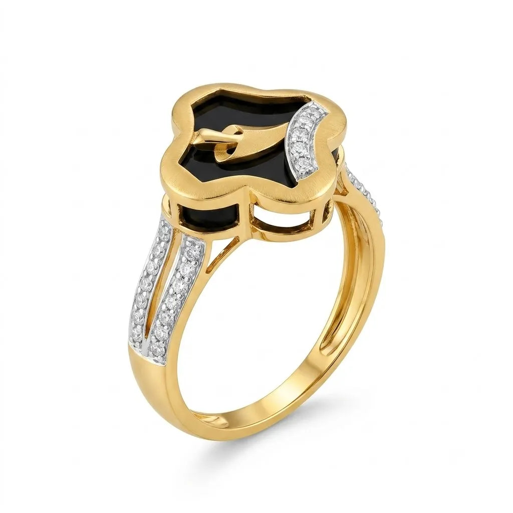 9K gold black floral crystal ring for girls with gold leaf motif, white stone detailing and polished gold band by Marvel Silver.