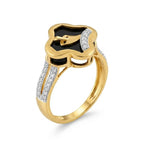 9K gold black floral crystal ring for girls with gold leaf motif, white stone detailing and polished gold band by Marvel Silver.