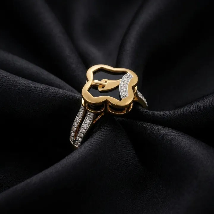 9K gold black floral crystal ring for girls with gold leaf motif, white stone detailing and polished gold band by Marvel Silver.