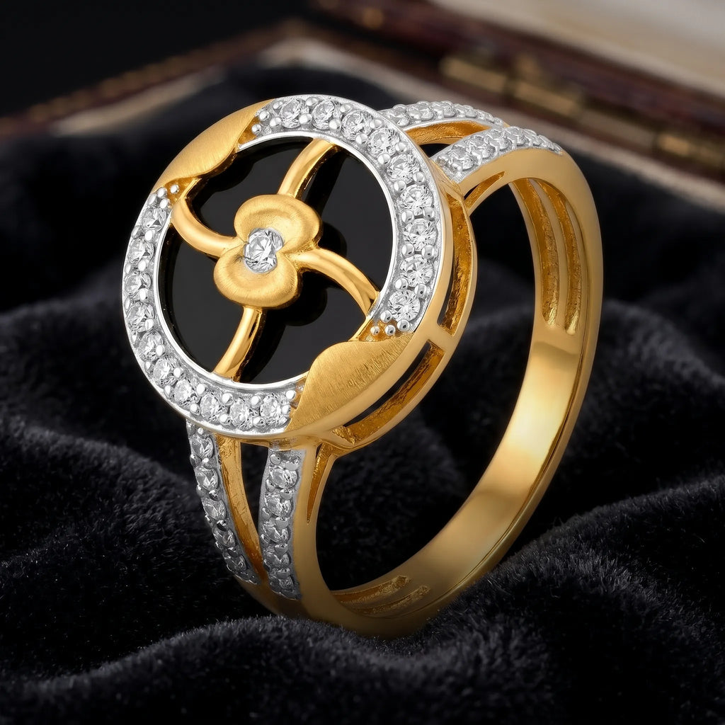 9K gold black floral crystal ring for girls with gold flower motif, white stone border and polished gold finish by Marvel Silver.