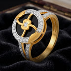 9K gold black floral crystal ring for girls with gold flower motif, white stone border and polished gold finish by Marvel Silver.