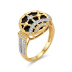 9K gold black heart crystal designer ring for girls with black enamel-style top, gold heart motifs and white stone detailing by Marvel Silver.