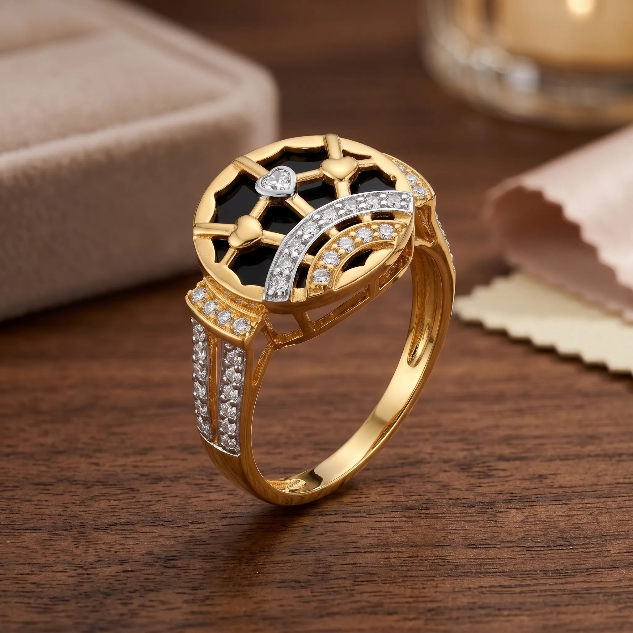 9K gold black heart crystal designer ring for girls with black enamel-style top, gold heart motifs and white stone detailing by Marvel Silver.