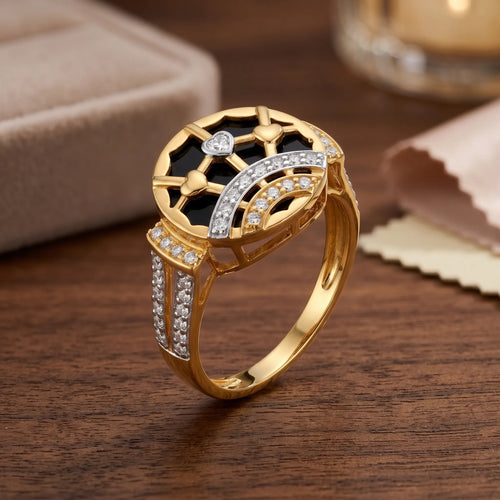 9K gold black heart crystal designer ring for girls with black enamel-style top, gold heart motifs and white stone detailing by Marvel Silver.