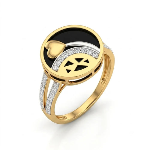 9K gold black heart crystal ring for girls with gold heart motif, white stone detailing and polished gold band by Marvel Silver.