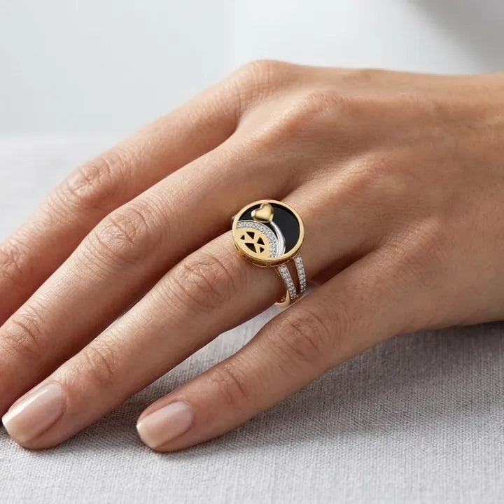 9K gold black heart crystal ring for girls with gold heart motif, white stone detailing and polished gold band by Marvel Silver.