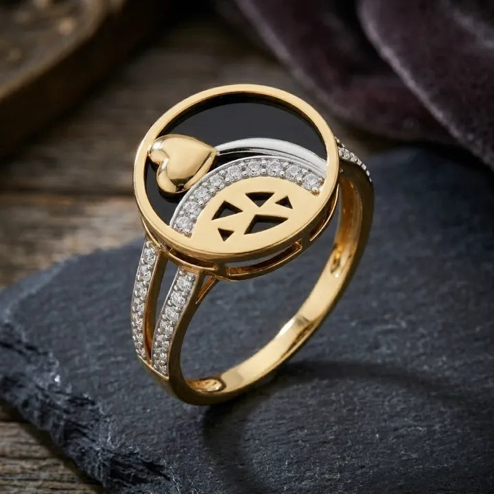 9K gold black heart crystal ring for girls with gold heart motif, white stone detailing and polished gold band by Marvel Silver.