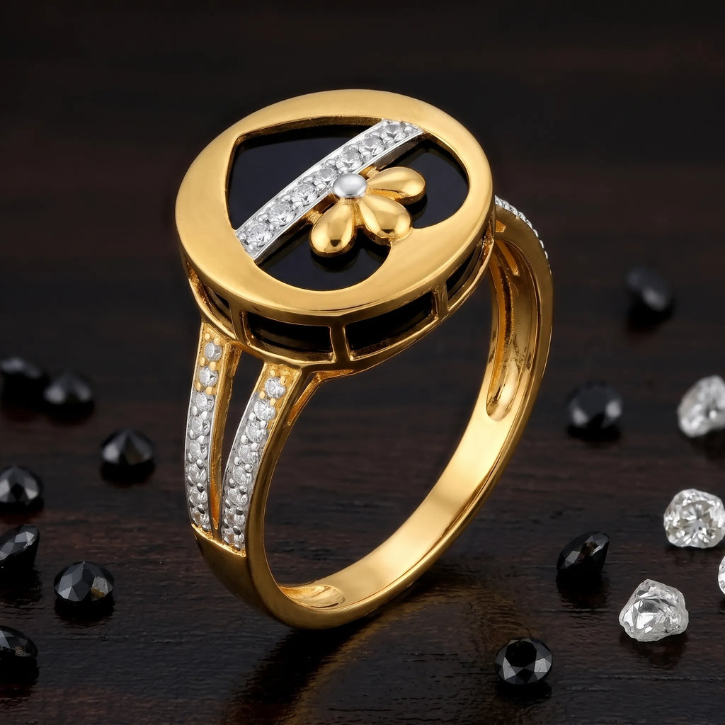9K gold black heart crystal ring for girls with white stone detailing and polished gold finish by Marvel Silver.