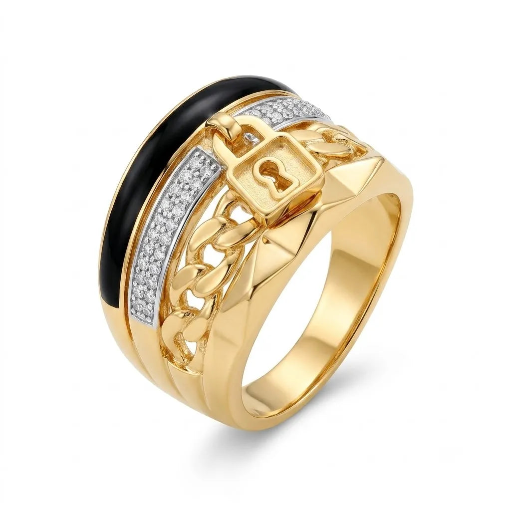 9K gold black lock crystal ring for girls with black enamel detail, chain-link design and white stone accents by Marvel Silver.