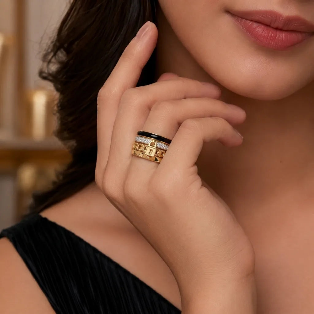 9K gold black lock crystal ring for girls with black enamel detail, chain-link design and white stone accents by Marvel Silver.