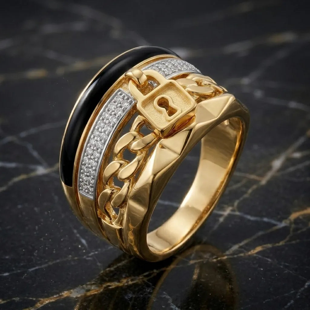 9K gold black lock crystal ring for girls with black enamel detail, chain-link design and white stone accents by Marvel Silver.