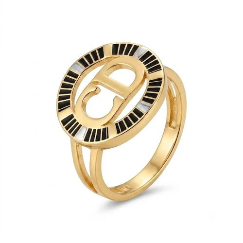 9K gold black Roman dial ring for men with round black segmented detail and polished gold finish by Marvel Silver.