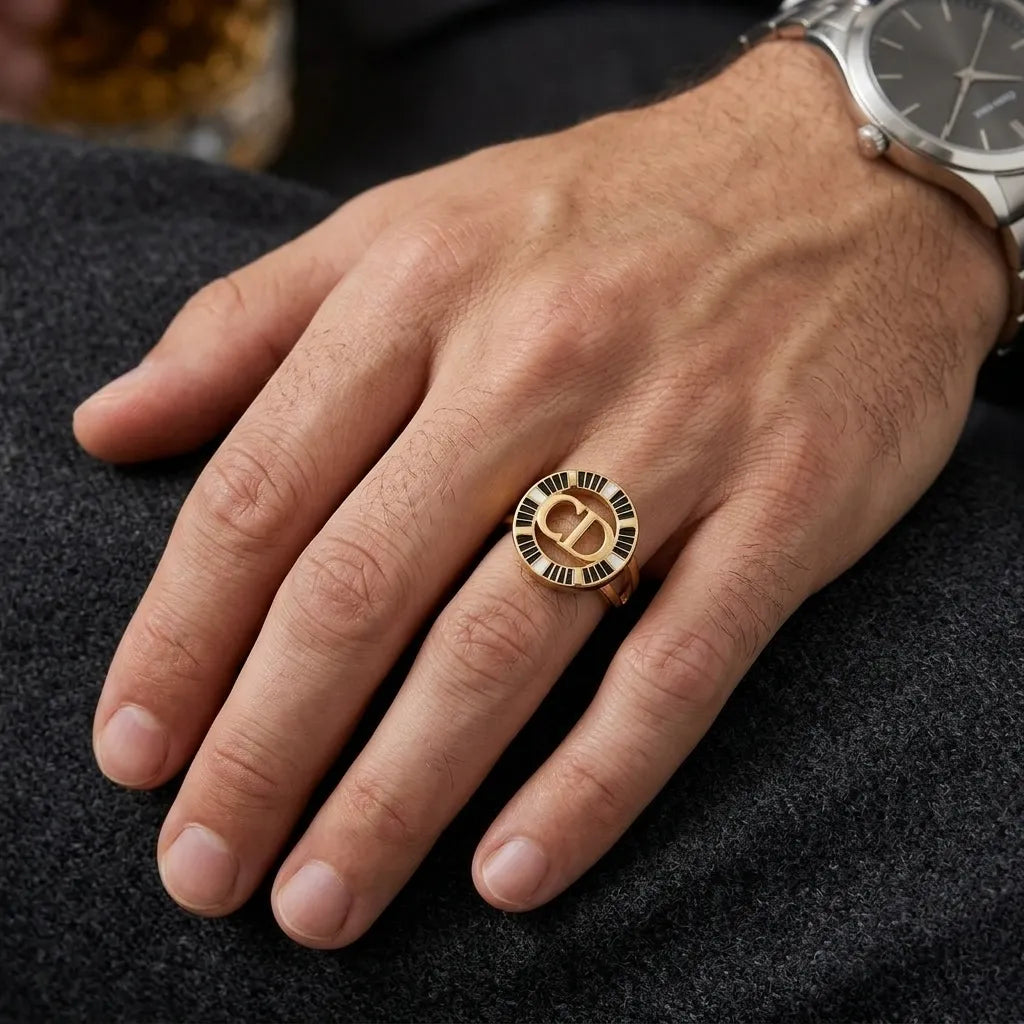 9K gold black Roman dial ring for men with round black segmented detail and polished gold finish by Marvel Silver.