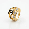 9K gold black swirl crystal ring for men with geometric white stone accents and polished gold finish by Marvel Silver.