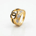 9K gold black swirl crystal ring for men with geometric white stone accents and polished gold finish by Marvel Silver.