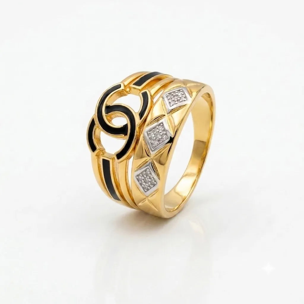 9K gold black swirl crystal ring for men with geometric white stone accents and polished gold finish by Marvel Silver.