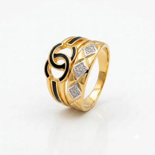 9K gold black swirl crystal ring for men with geometric white stone accents and polished gold finish by Marvel Silver.