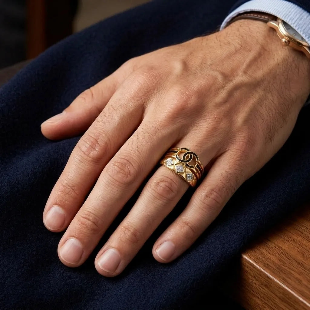 9K gold black swirl crystal ring for men with geometric white stone accents and polished gold finish by Marvel Silver.