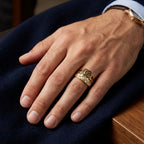 9K gold black swirl crystal ring for men with geometric white stone accents and polished gold finish by Marvel Silver.